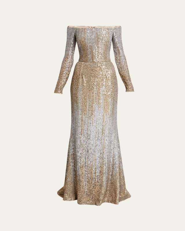 Long Ombre Sequined Off-Shoulder Gown